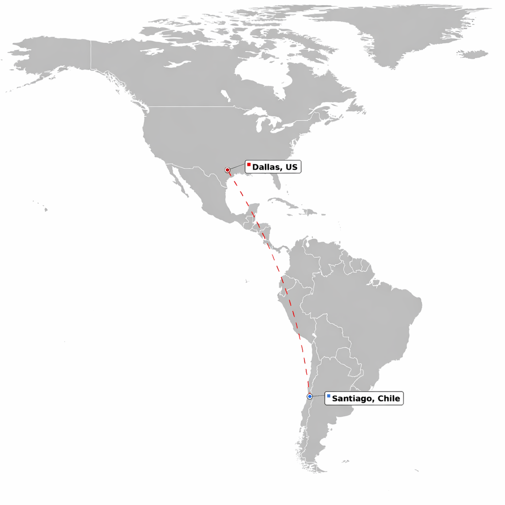 Map of the Americas showing Dallas HQ and Santiago Chile office
